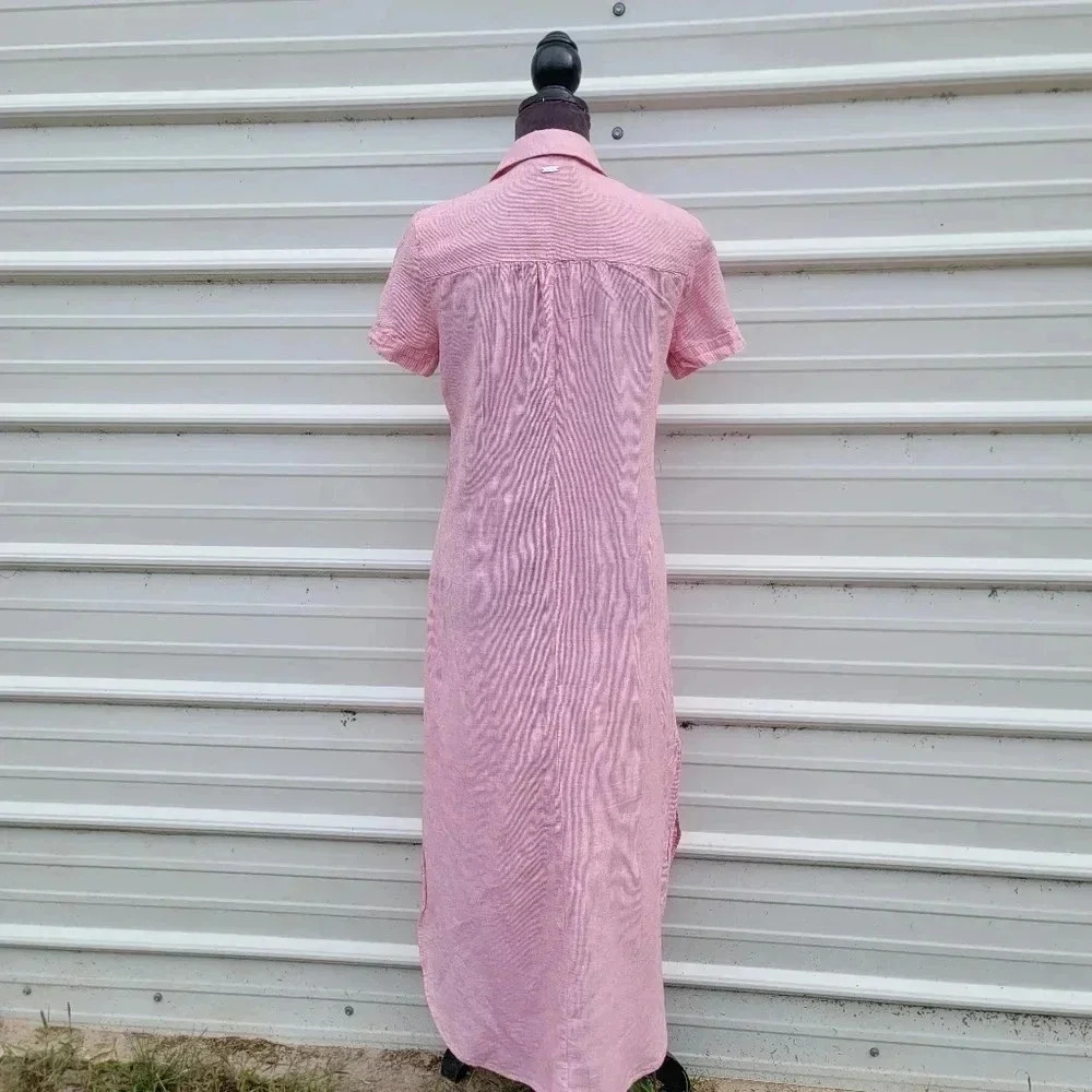 $172 ARMANI EXCHANGE Women's Long Shirt Dress Linen Blend Striped Button Pink 2 - Picture 11 of 15